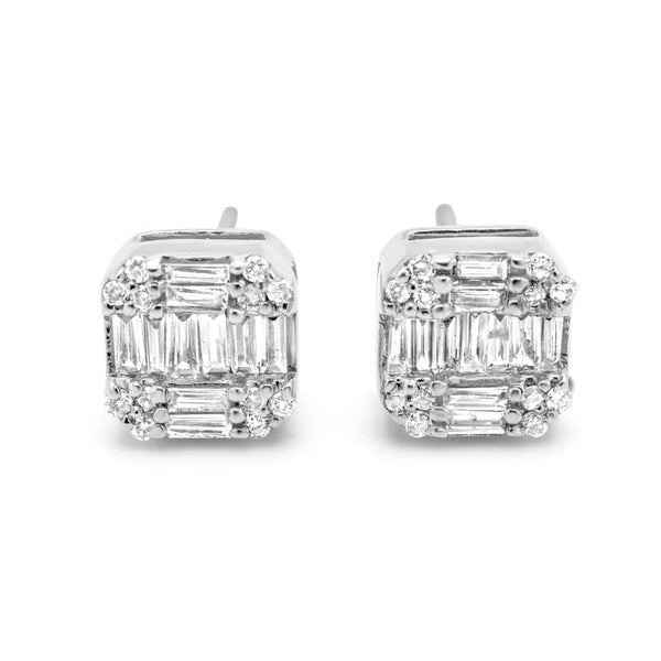 Cushion Square Diamond Baguette Cluster Stud Earrings 1/4ctw
